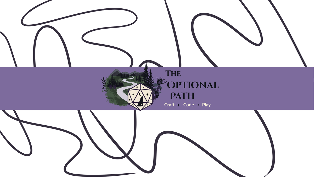 A digital banner with logo graphic. 'The Optional Path' written on a central purple horizontal band with the logo to its left set on a white background with threads.Logo includes a d20 die icon with a wolf siloutte howling in the middle witha crescent moon above it's head. Behind the d20 is a nature scene with a path winding into the distance disappearing into a set of gray mountains. Bewteen the d20 and the mountains is grass paint texture with tree silouttes popping up at different places along the path. 